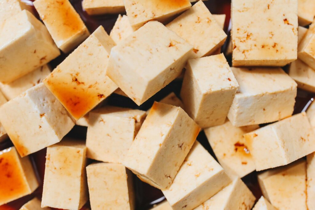 Appetizing close-up of tofu cubes soaked in savory soy sauce, capturing rich textures and flavors.